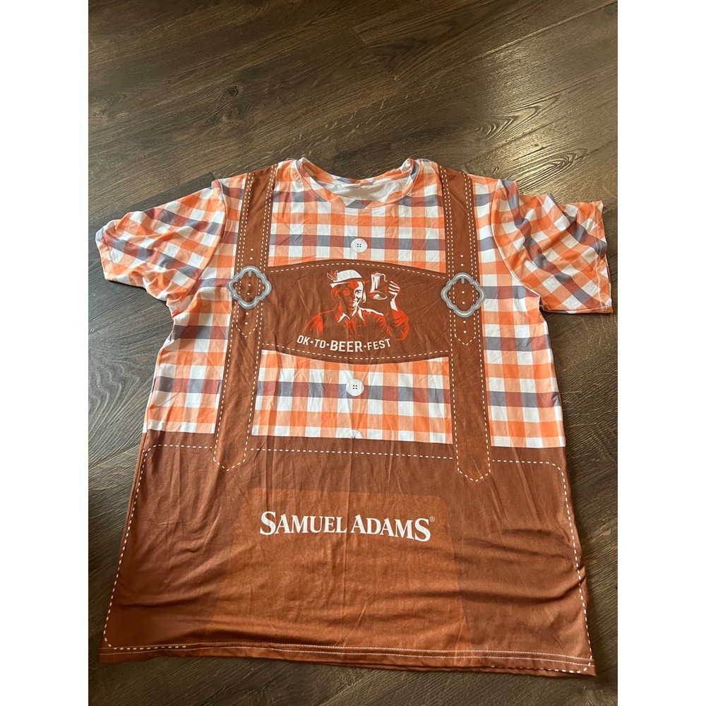 Samuel Adams Oktoberfest Lederhosen Graphic T-Shirt Mens Large Orange Checkered